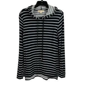 Michael Kors Womens High Low Tunic Hoodie Top Black White Stripe Medium READ
